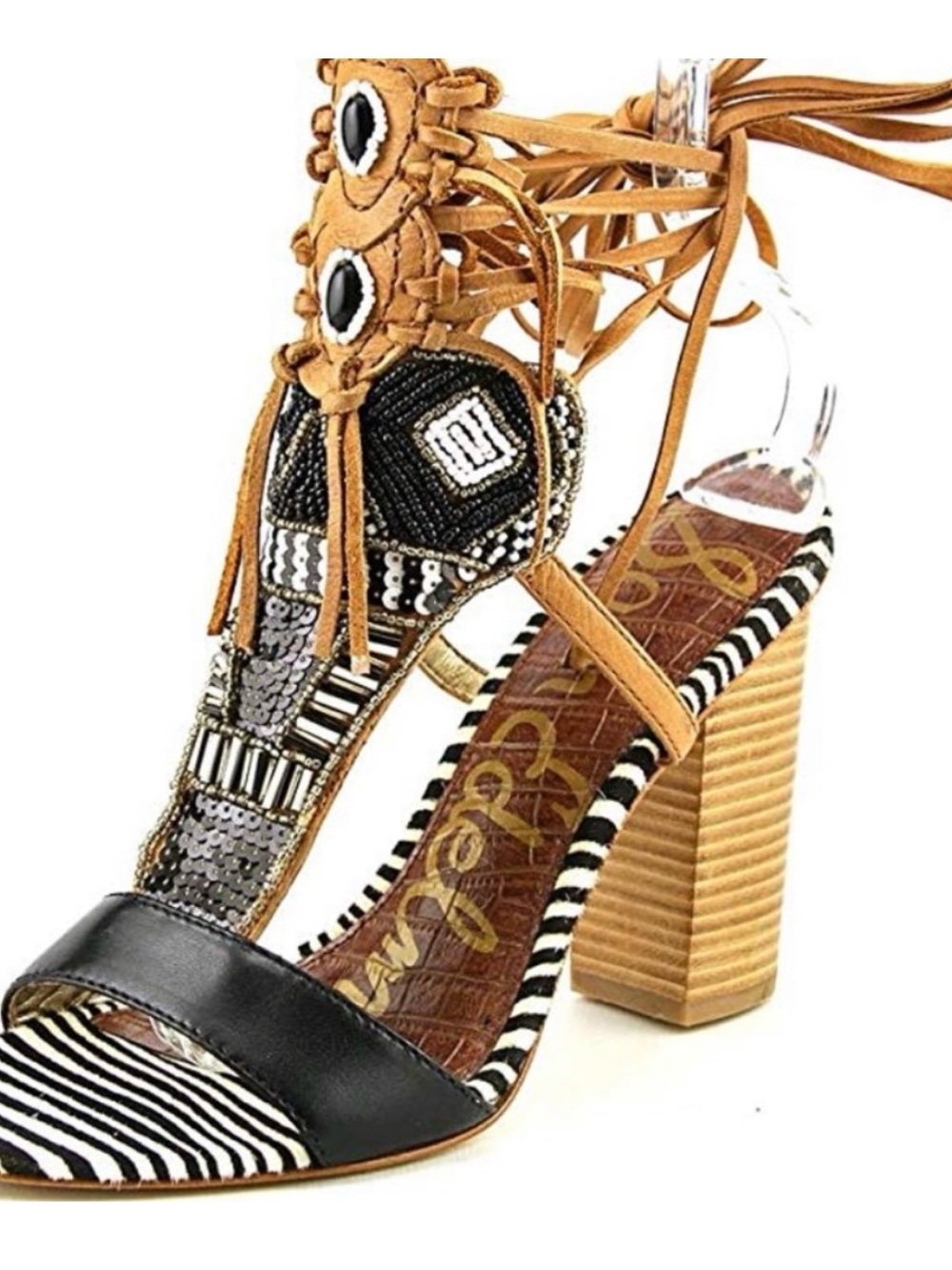 Sam Edelman Beaded Lace-Up Block Heel Sandal - Black, Tan, Zebra